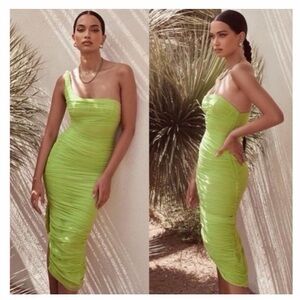 House of CB Nia Acid Green Ruched Midi Dress Size X-Small